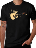 Cat Playing Guitar Graphic Tee - Black Cotton Shirt