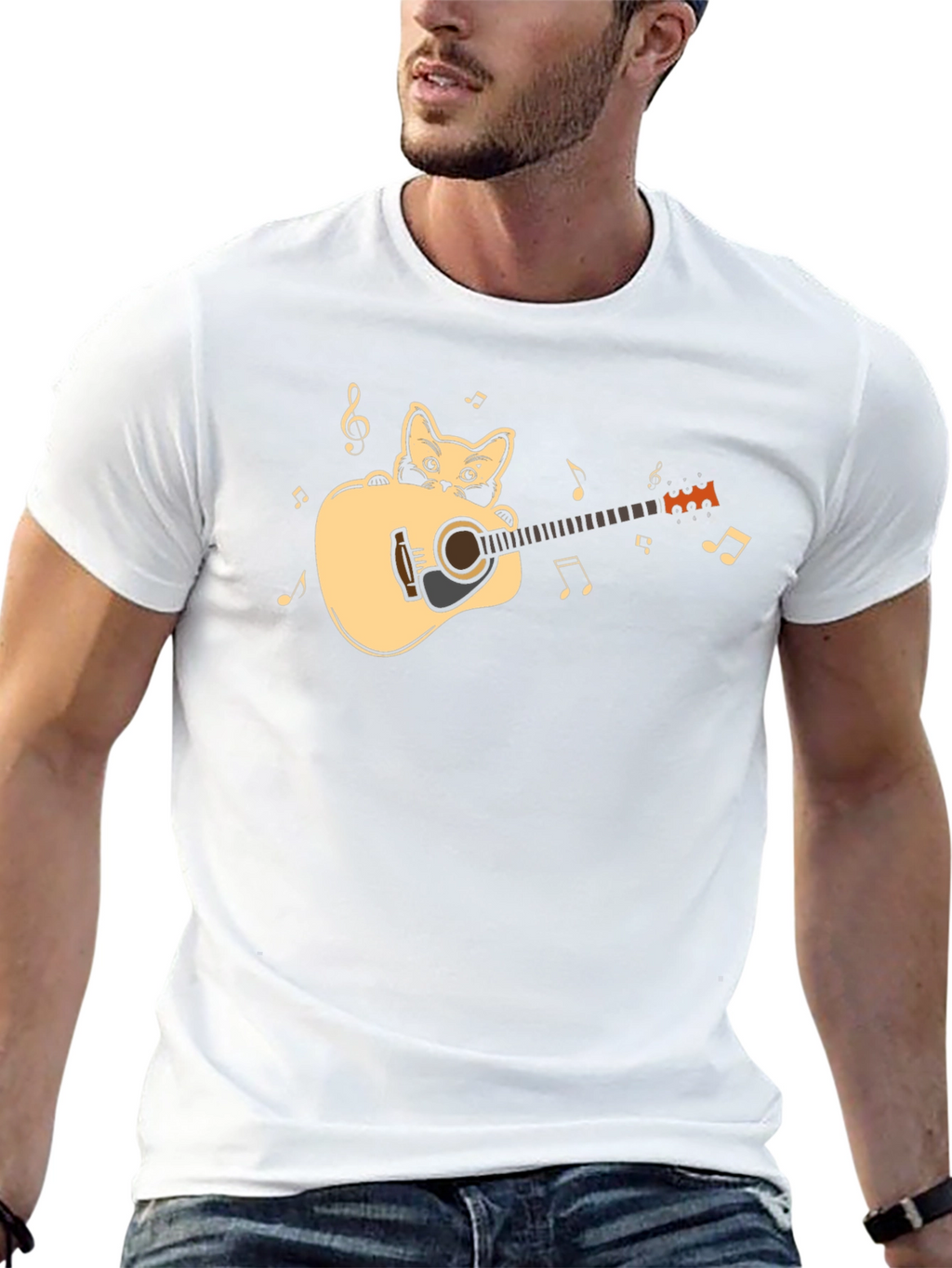 Cat Playing Guitar Graphic Tee - Black Cotton Shirt