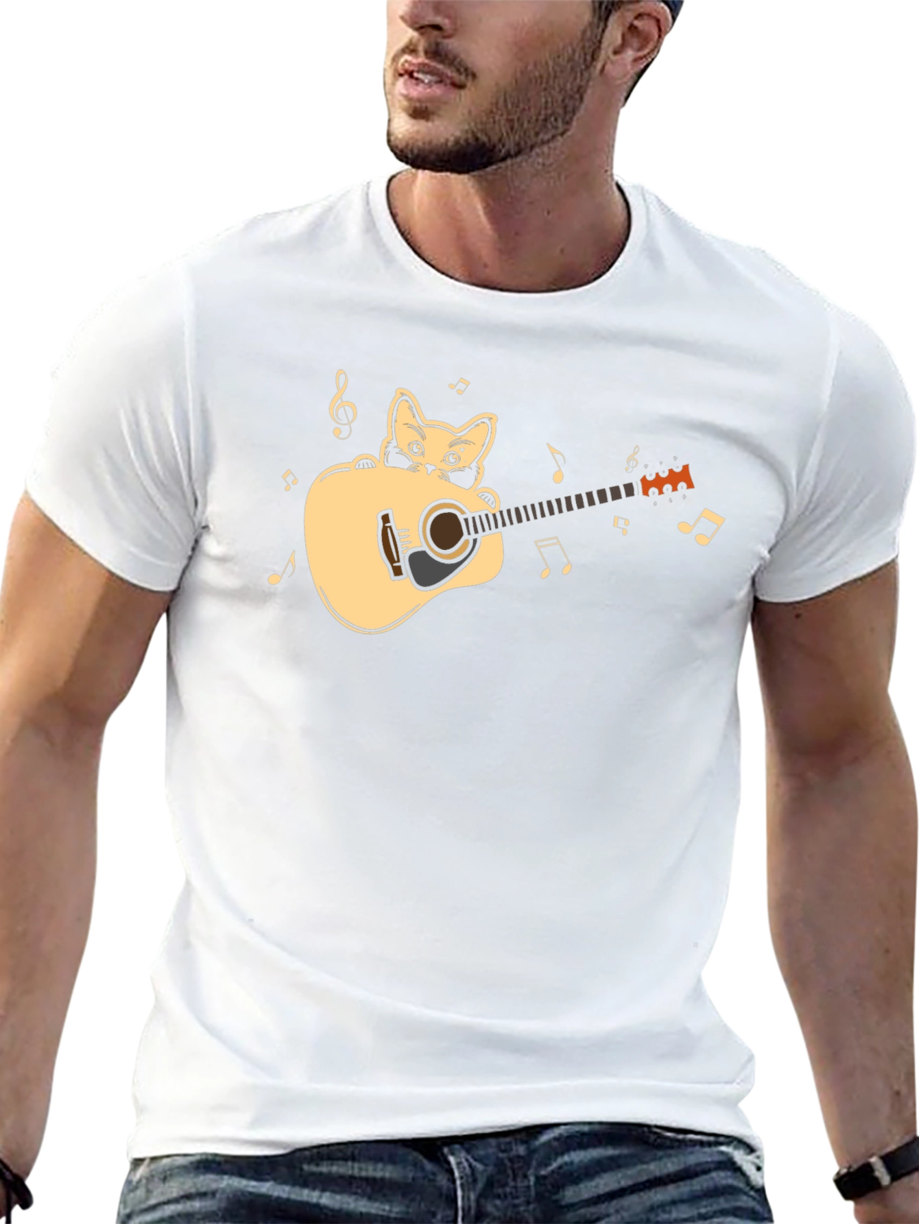 Cat Playing Guitar Graphic Tee - Black Cotton Shirt
