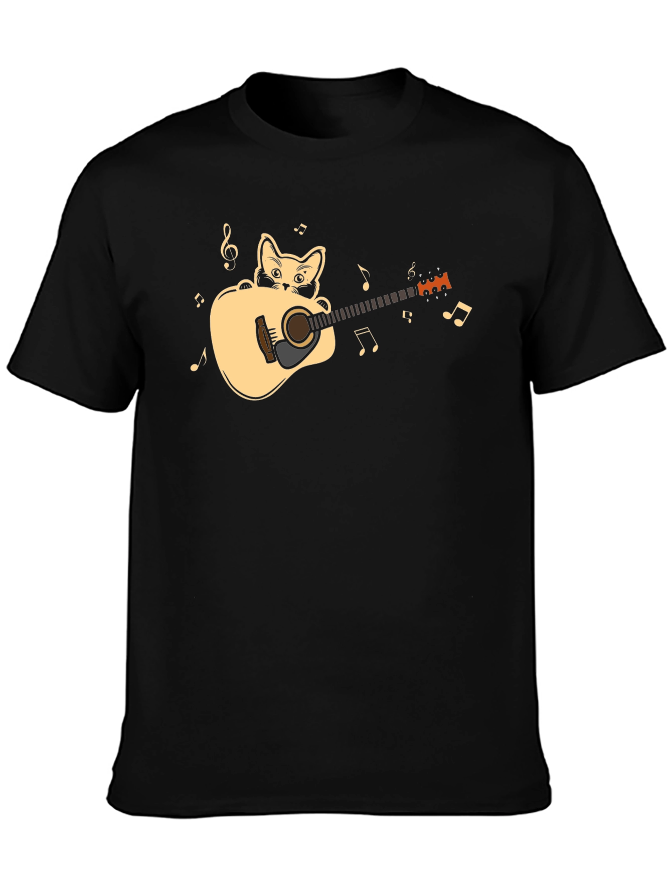 Cat Playing Guitar Graphic Tee - Black Cotton Shirt