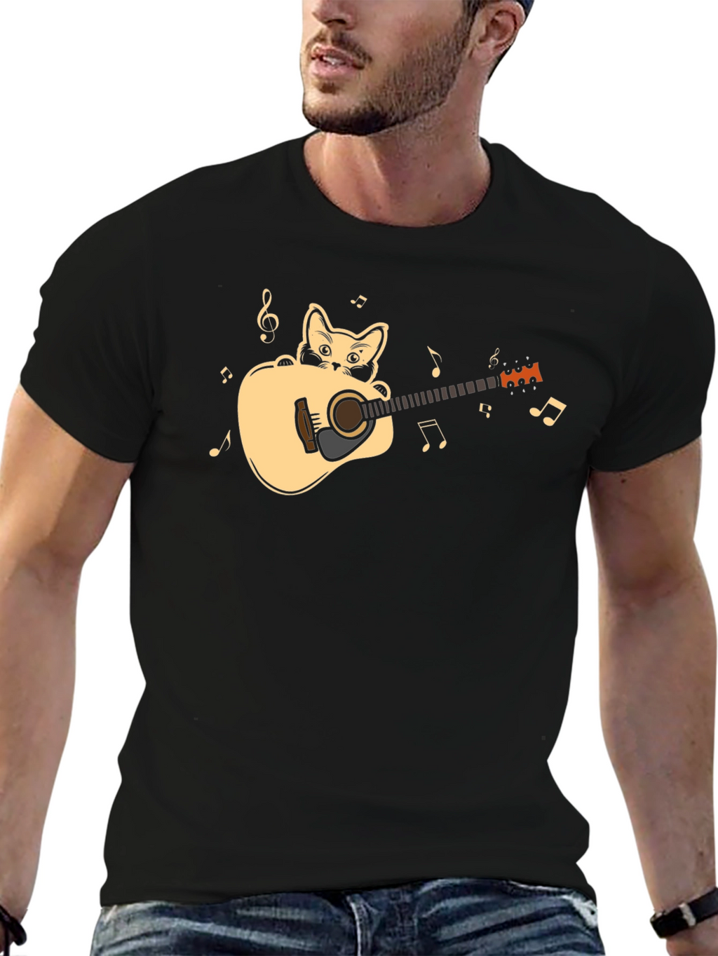 Cat Playing Guitar Graphic Tee - Black Cotton Shirt