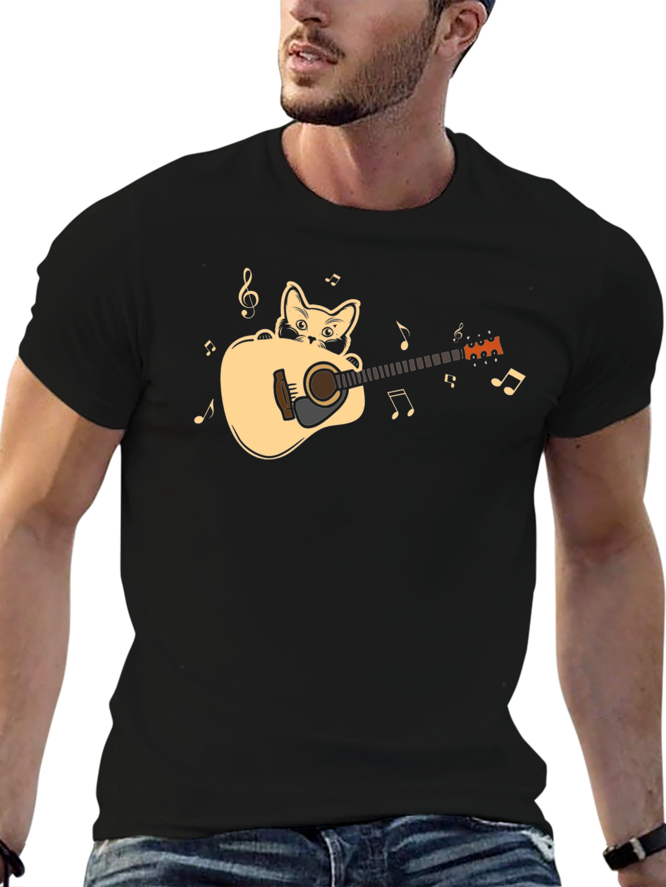 Cat Playing Guitar Graphic Tee - Black Cotton Shirt