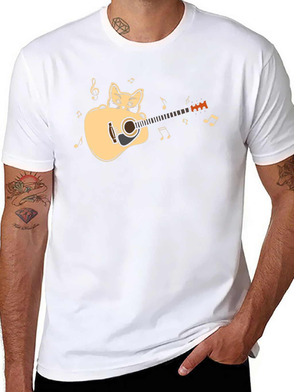 Cat Playing Guitar Graphic Tee - Black Cotton Shirt