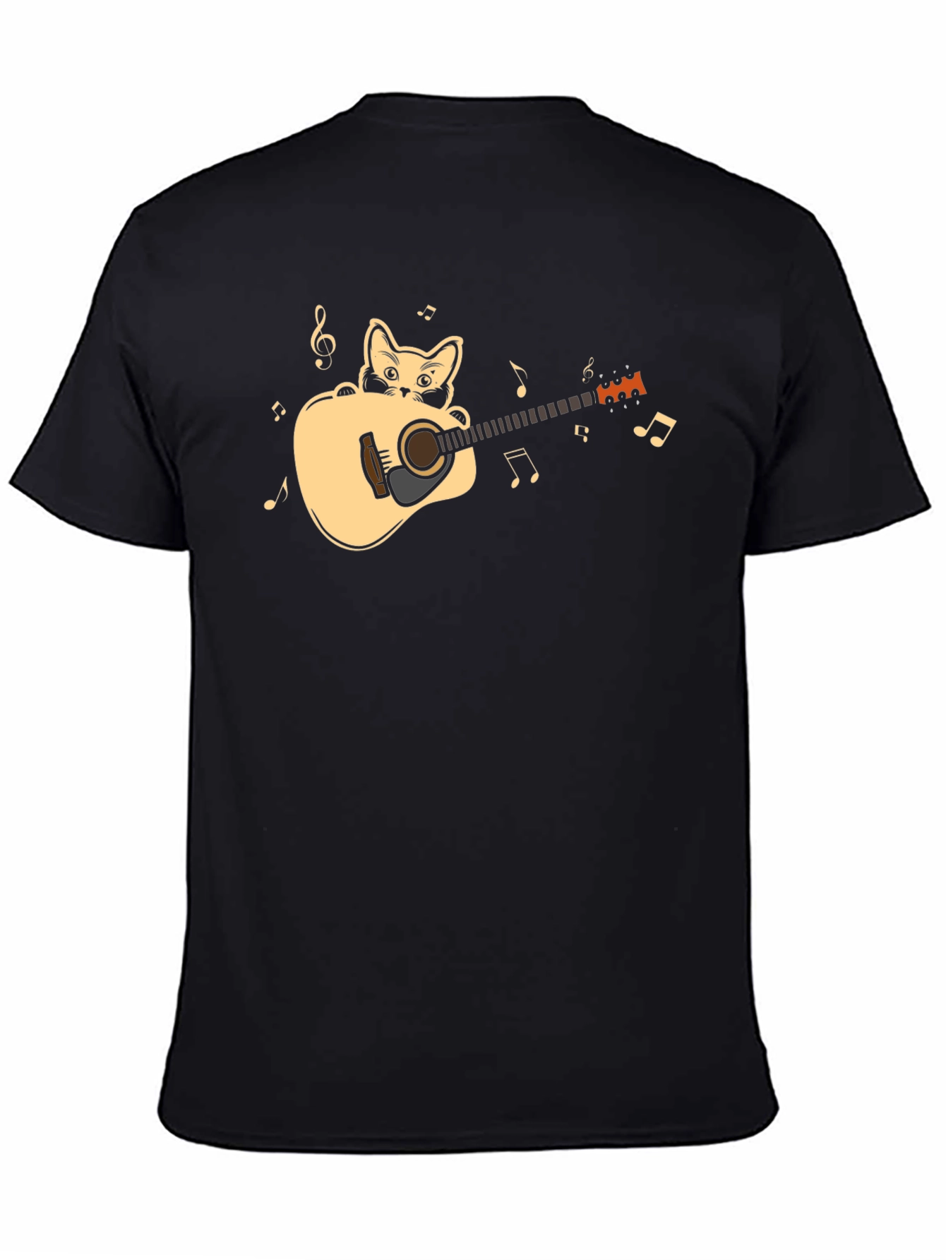 Cat Playing Guitar Graphic Tee - Black Cotton Shirt