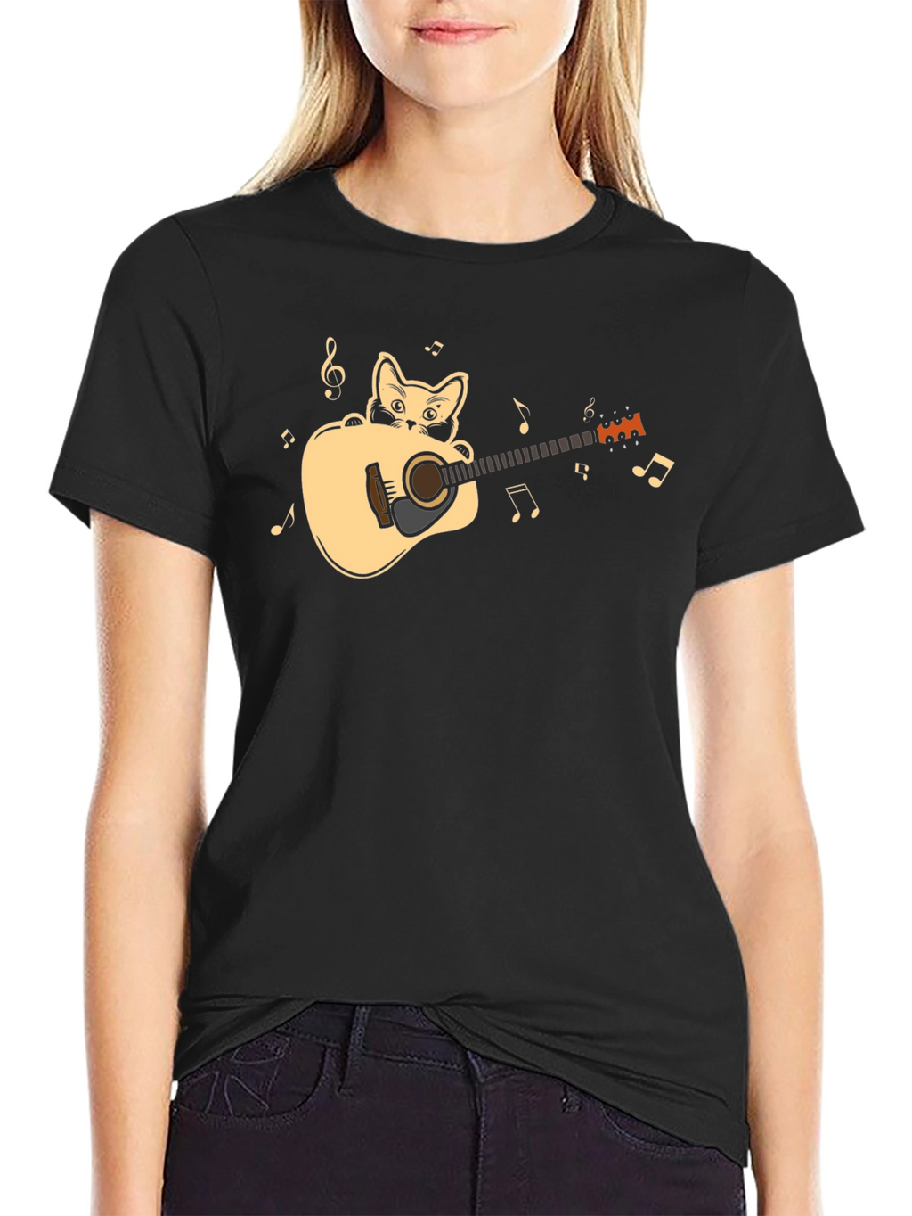 Cat Playing Guitar Graphic Tee - Black Cotton Shirt