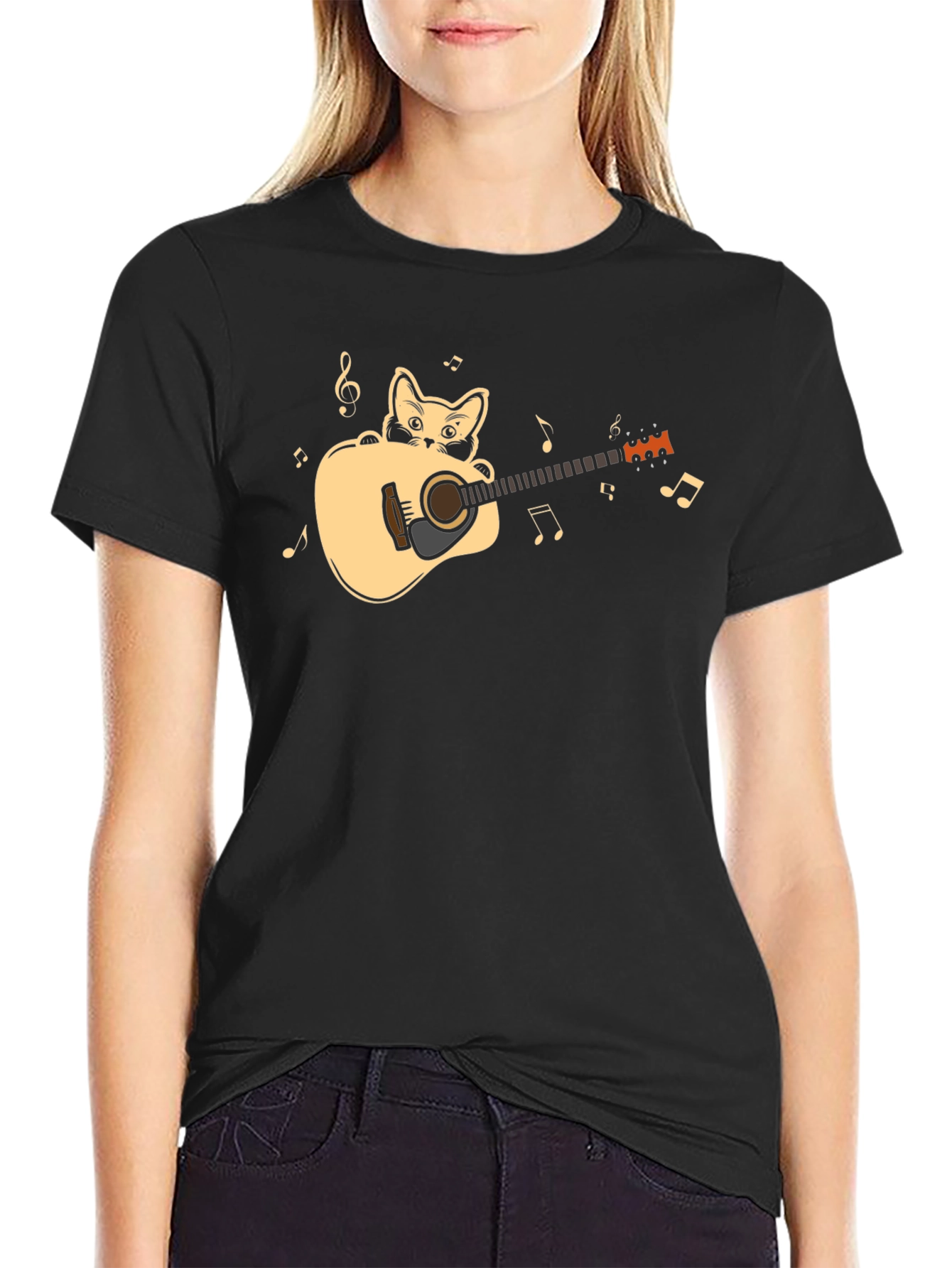 Cat Playing Guitar Graphic Tee - Black Cotton Shirt