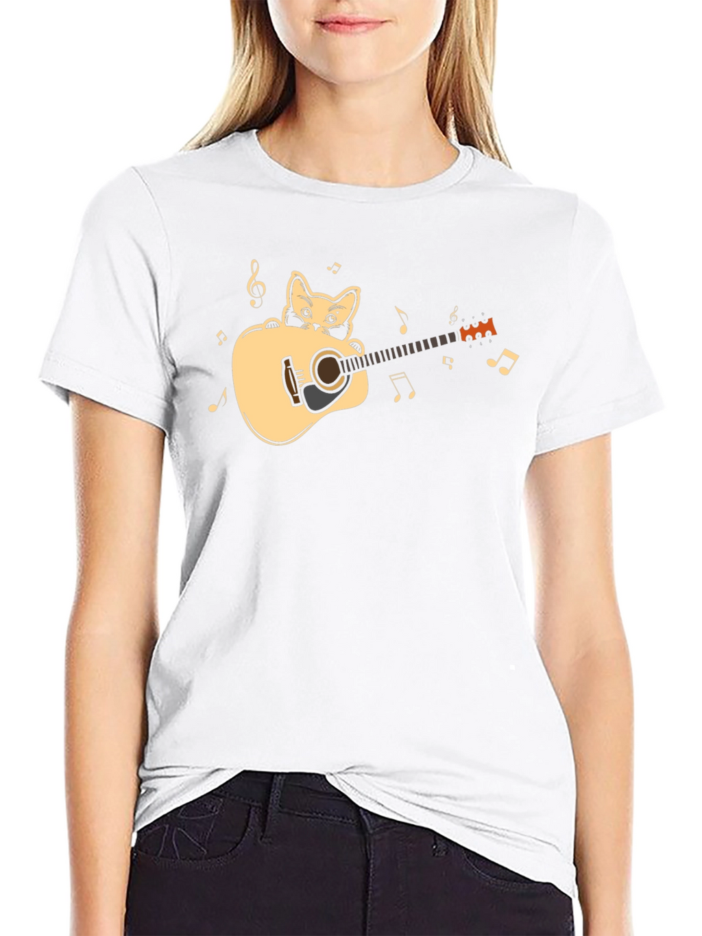 Cat Playing Guitar Graphic Tee - Black Cotton Shirt