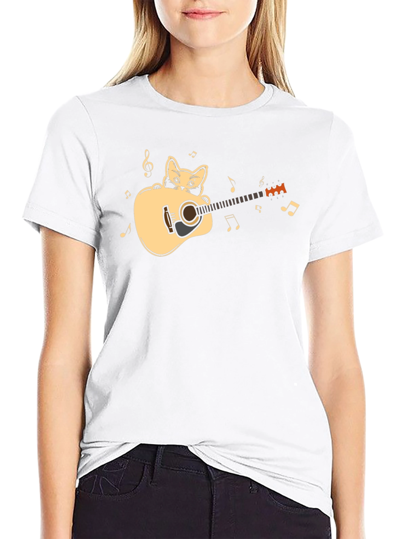 Cat Playing Guitar Graphic Tee - Black Cotton Shirt
