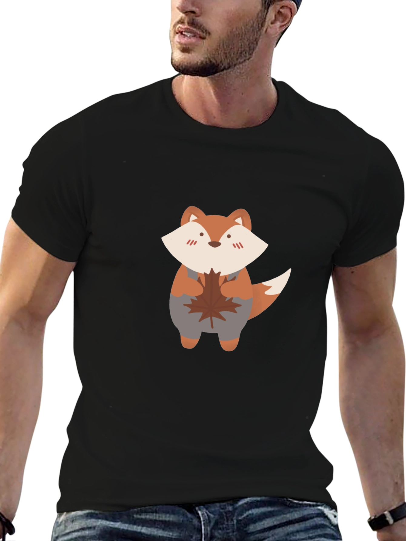 Cute Fox & Maple Leaf Black T-Shirt