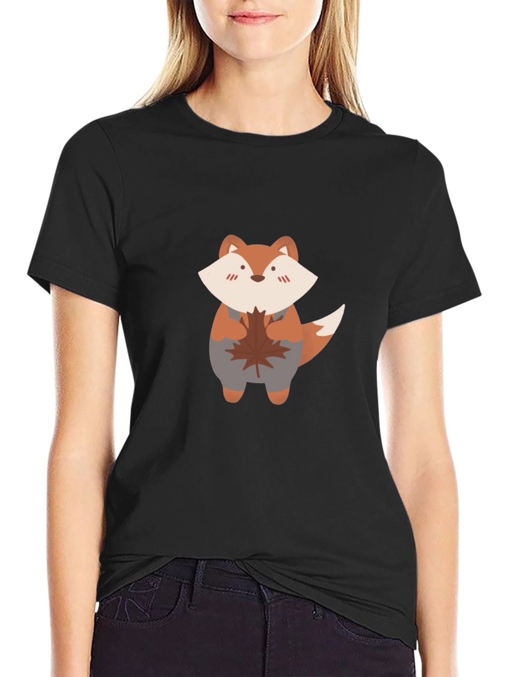 Cute Fox & Maple Leaf Black T-Shirt