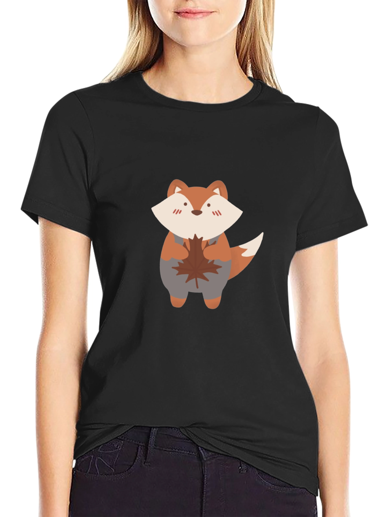 Cute Fox & Maple Leaf Black T-Shirt