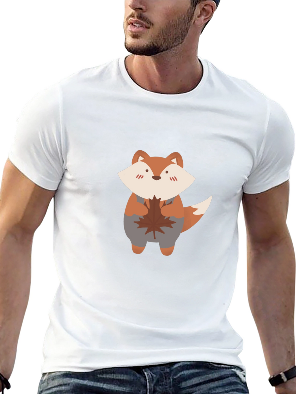 Cute Fox & Maple Leaf Black T-Shirt