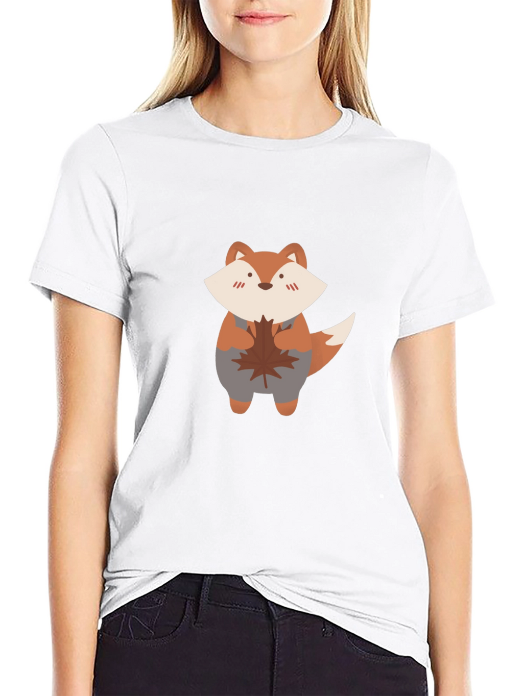 Cute Fox & Maple Leaf Black T-Shirt