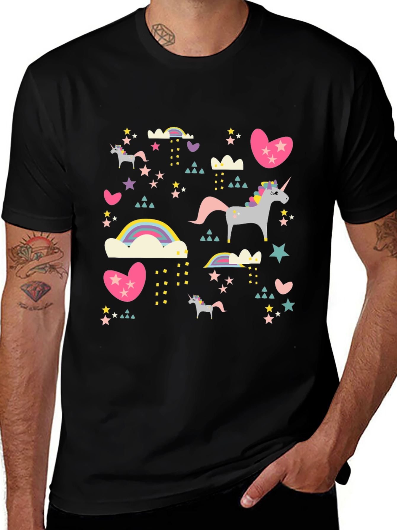 Unicorn & Rainbow Print Black T-Shirt