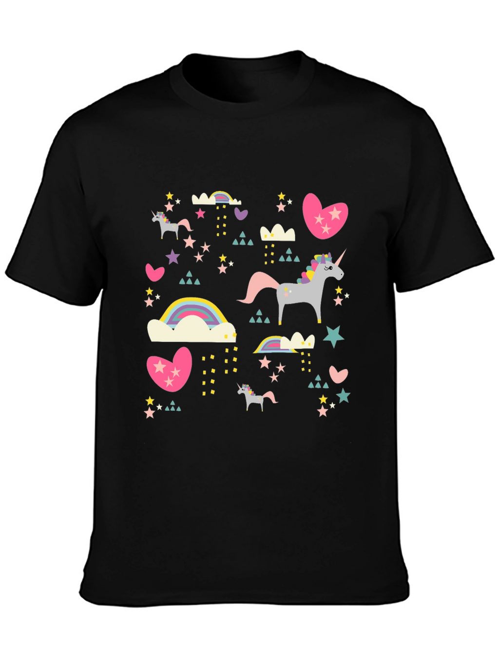 Unicorn & Rainbow Print Black T-Shirt