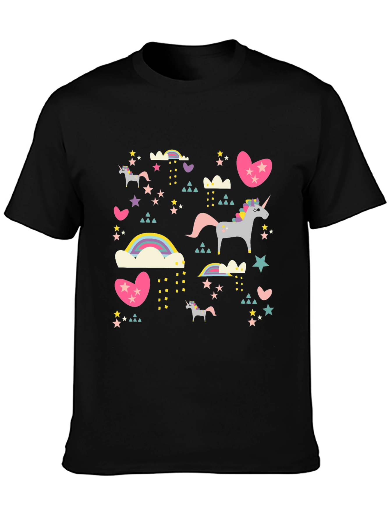 Unicorn & Rainbow Print Black T-Shirt