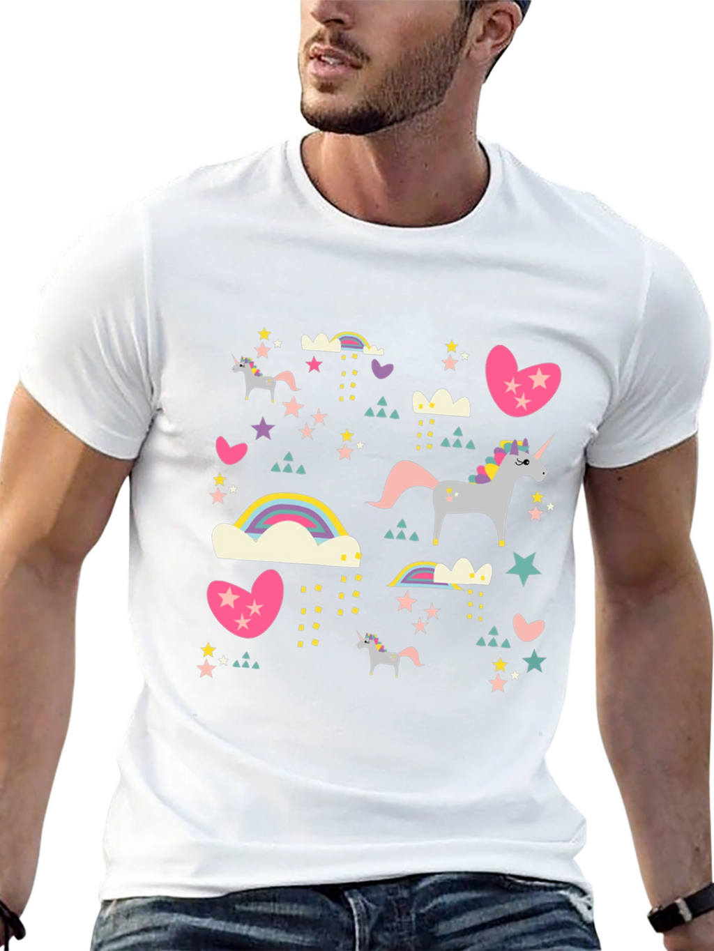 Unicorn & Rainbow Print Black T-Shirt