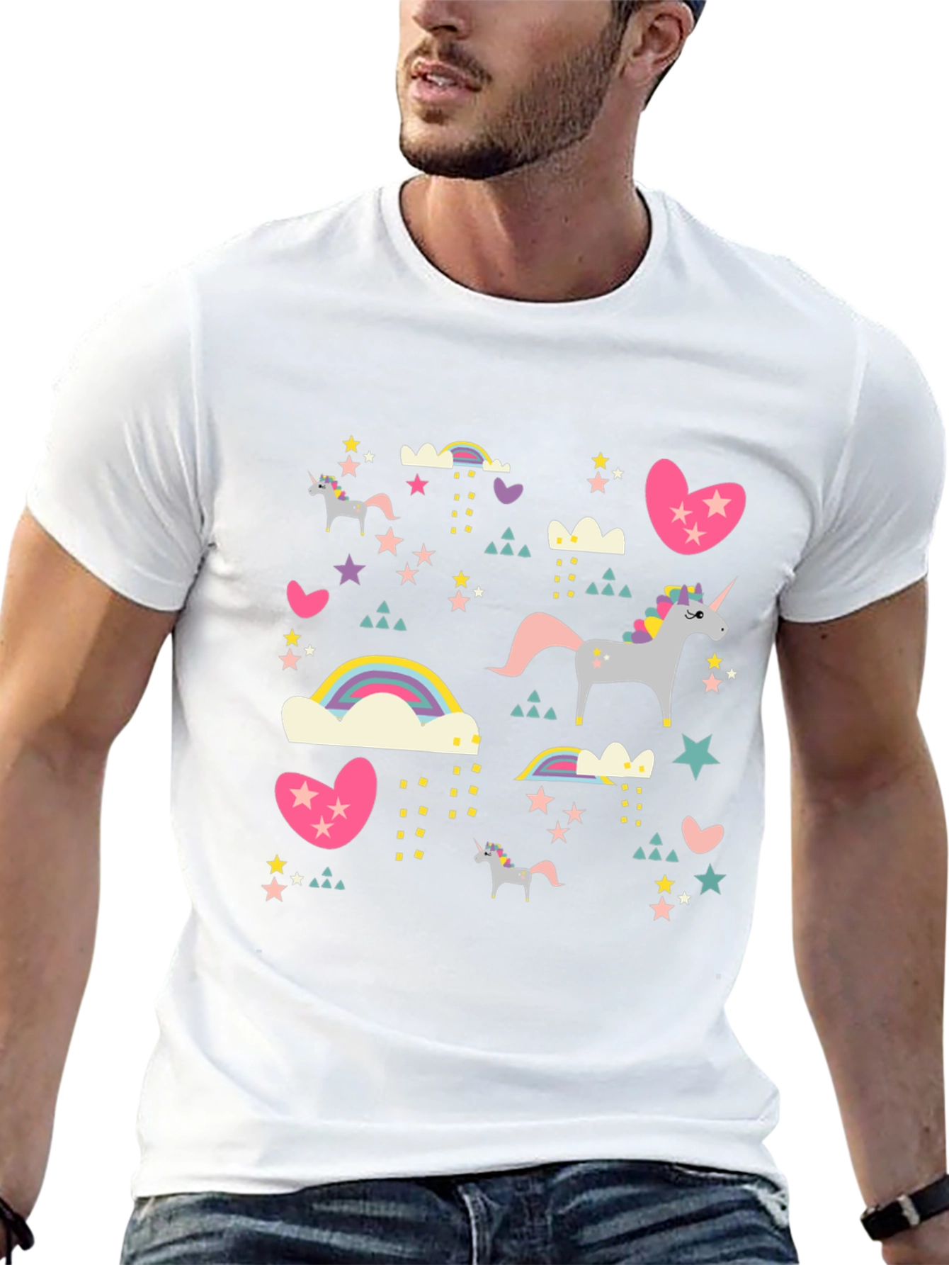Unicorn & Rainbow Print Black T-Shirt