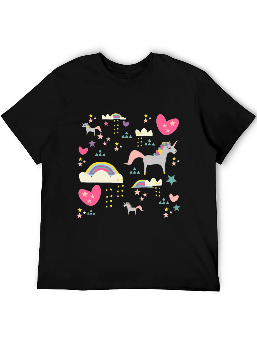 Unicorn & Rainbow Print Black T-Shirt