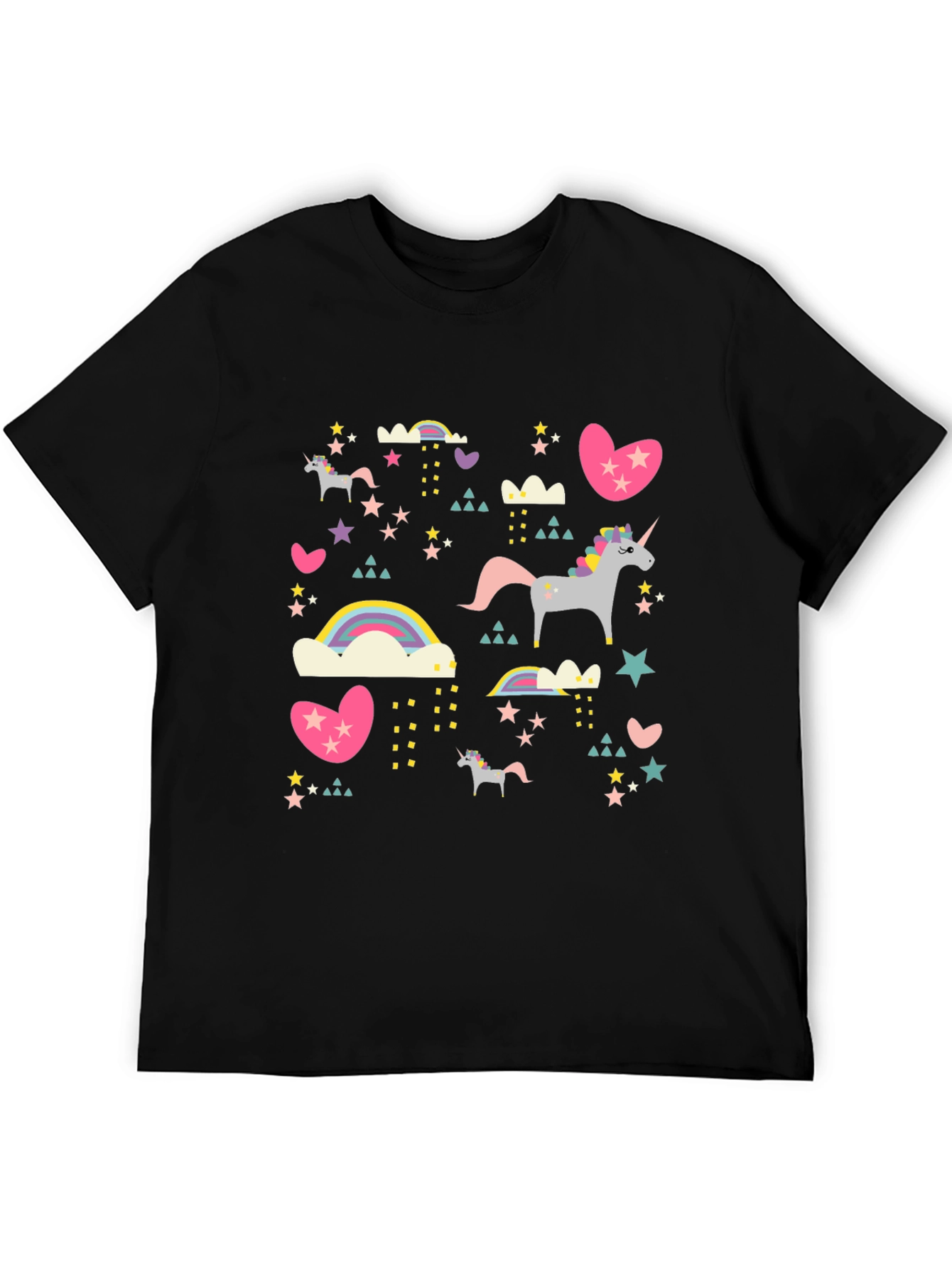 Unicorn & Rainbow Print Black T-Shirt