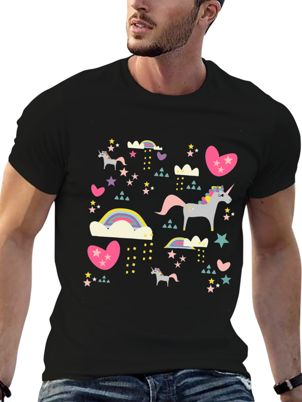 Unicorn & Rainbow Print Black T-Shirt