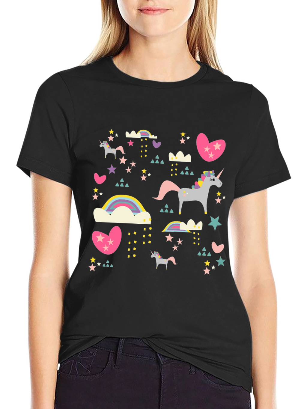 Unicorn & Rainbow Print Black T-Shirt
