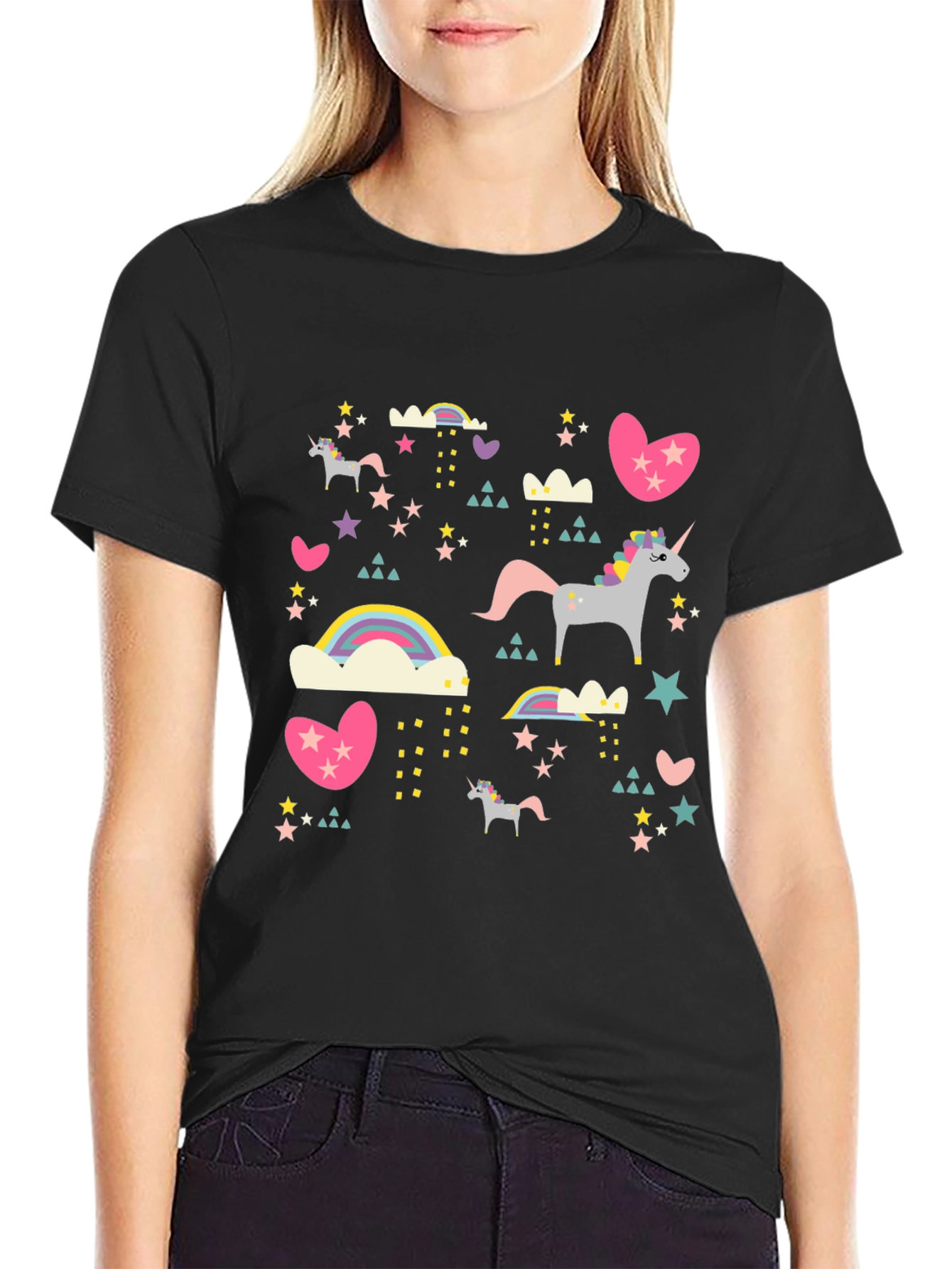 Unicorn & Rainbow Print Black T-Shirt