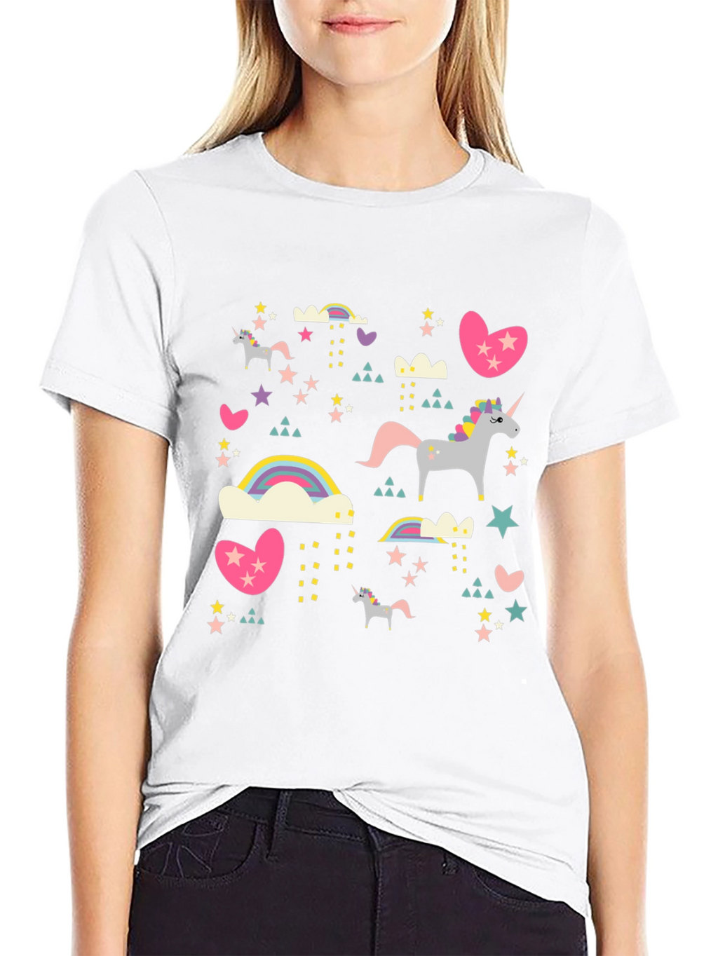 Unicorn & Rainbow Print Black T-Shirt