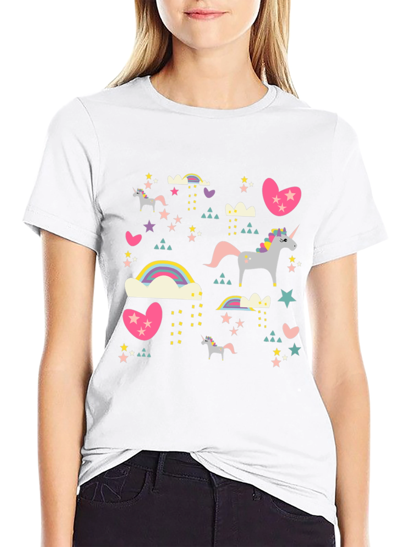 Unicorn & Rainbow Print Black T-Shirt