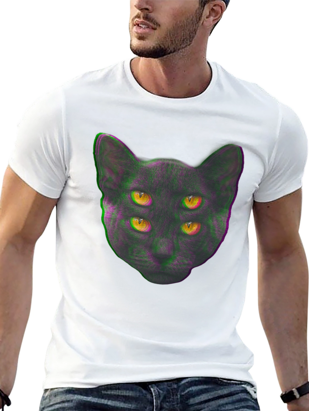 Four-Eyed Cat Graphic Print Tee - Black
