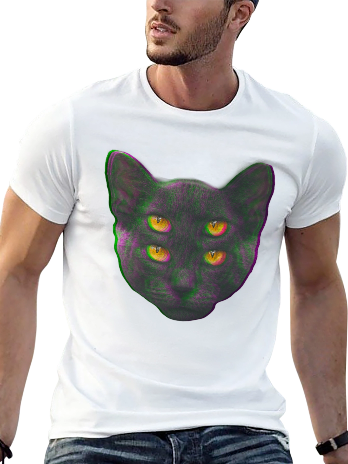 Four-Eyed Cat Graphic Print Tee - Black