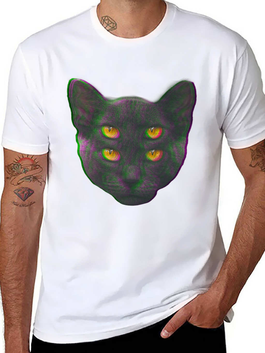 Four-Eyed Cat Graphic Print Tee - Black
