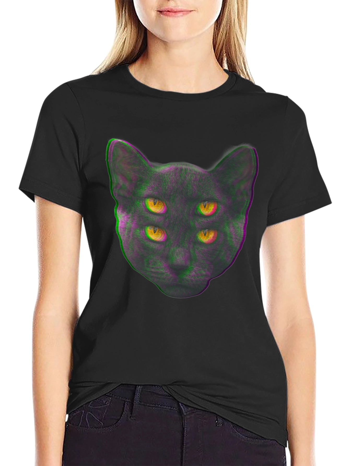 Four-Eyed Cat Graphic Print Tee - Black