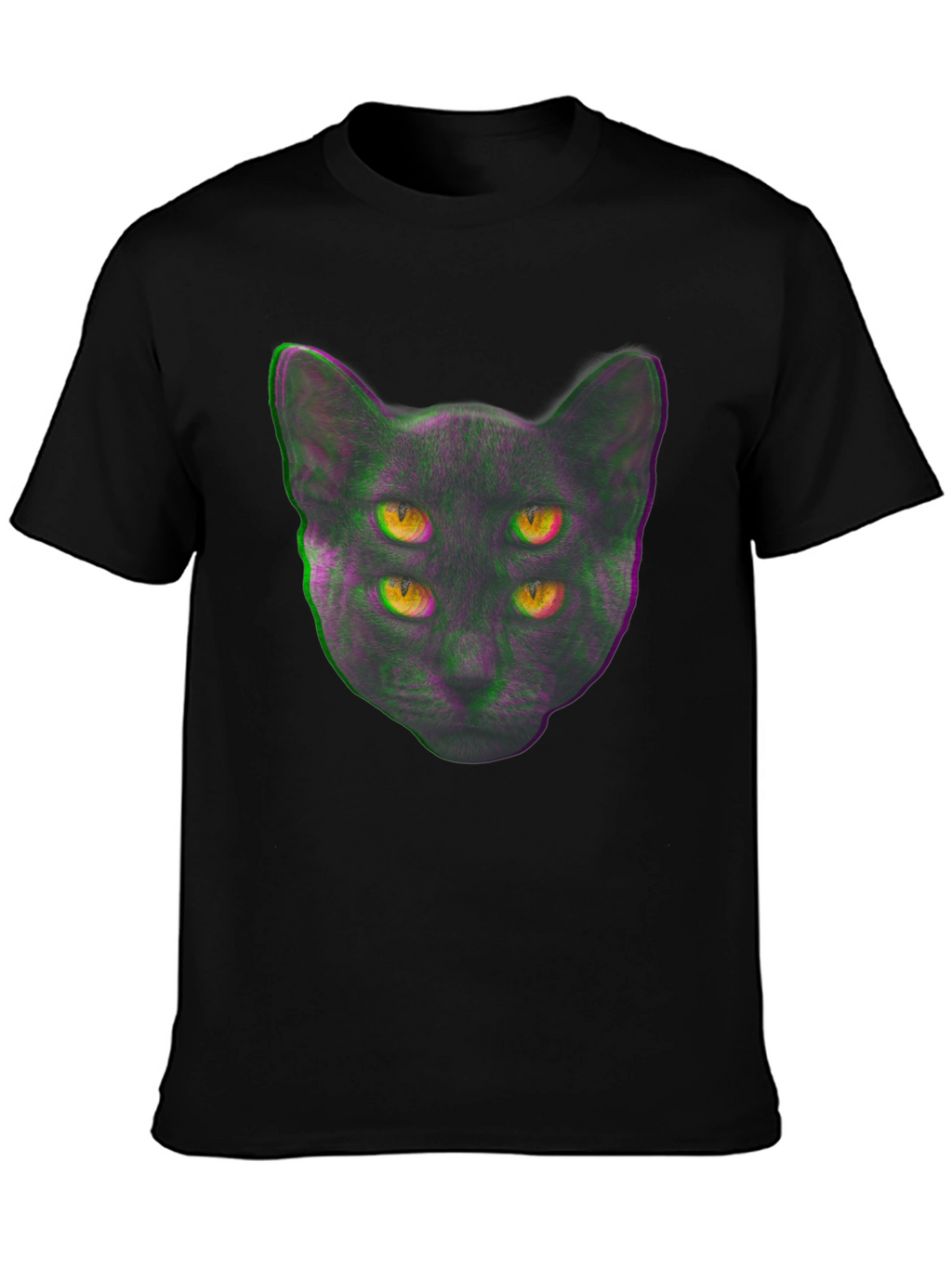 Four-Eyed Cat Graphic Print Tee - Black