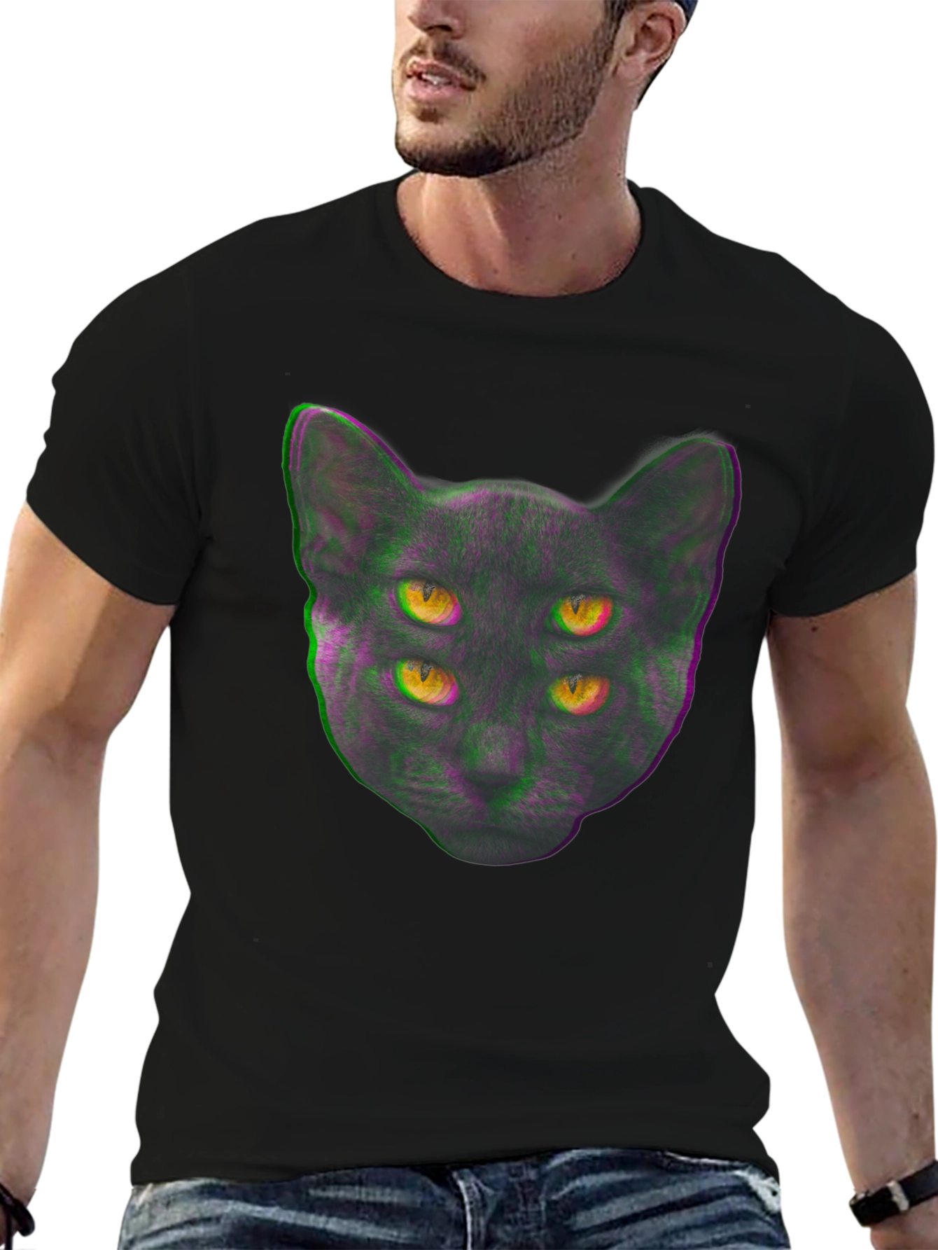 Four-Eyed Cat Graphic Print Tee - Black