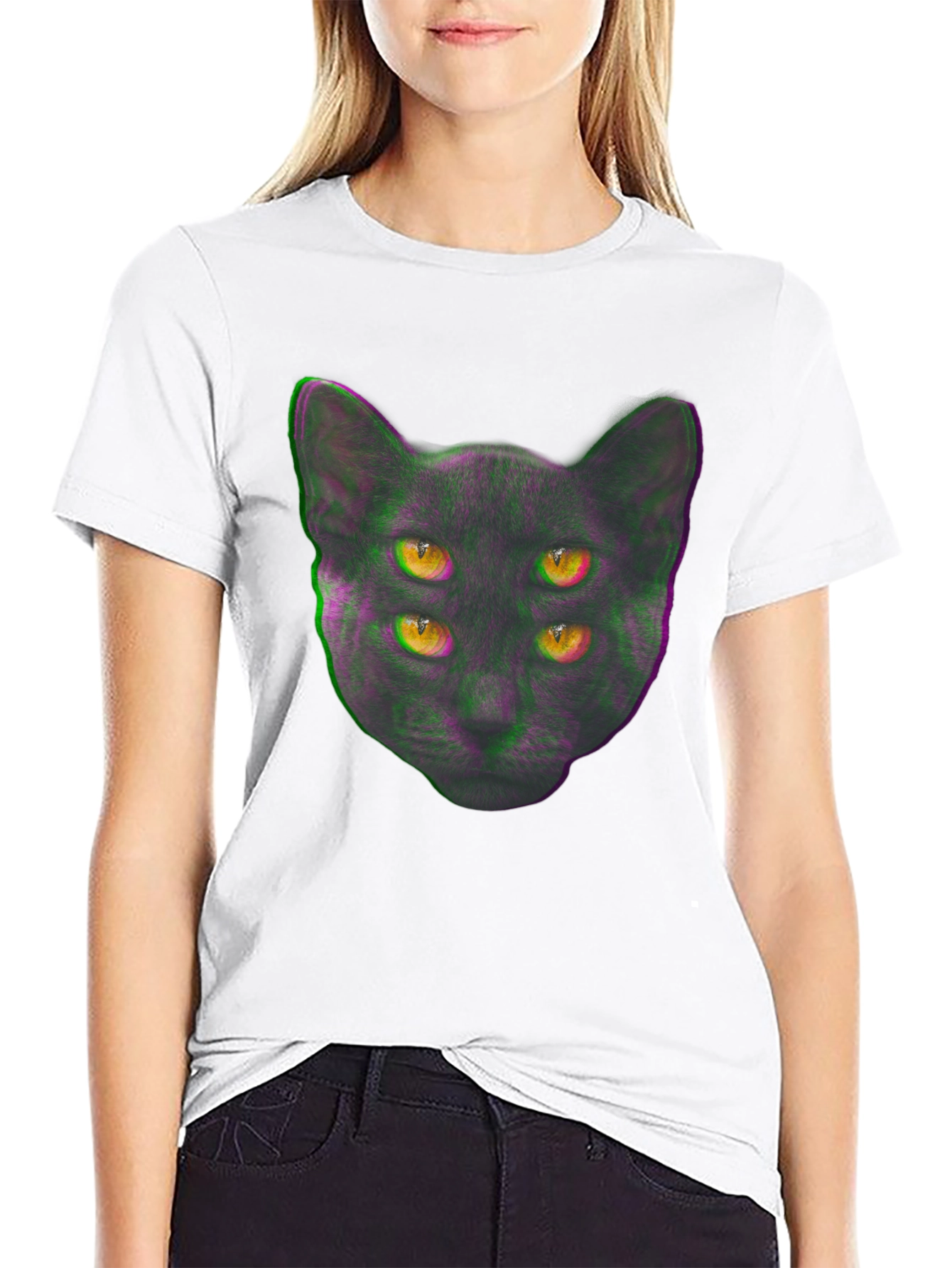 Four-Eyed Cat Graphic Print Tee - Black