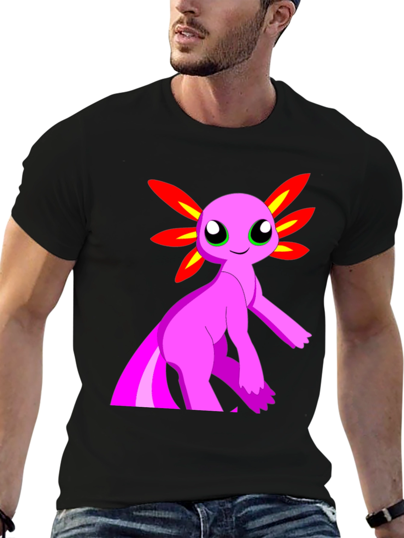 Axolotl Cartoon Graphic T-Shirt - Mens Black Tee