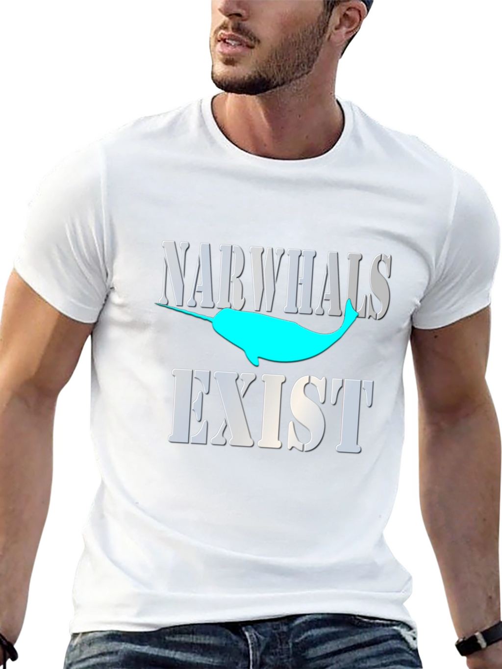 Narwhals Exist Graphic Print Black T-Shirt