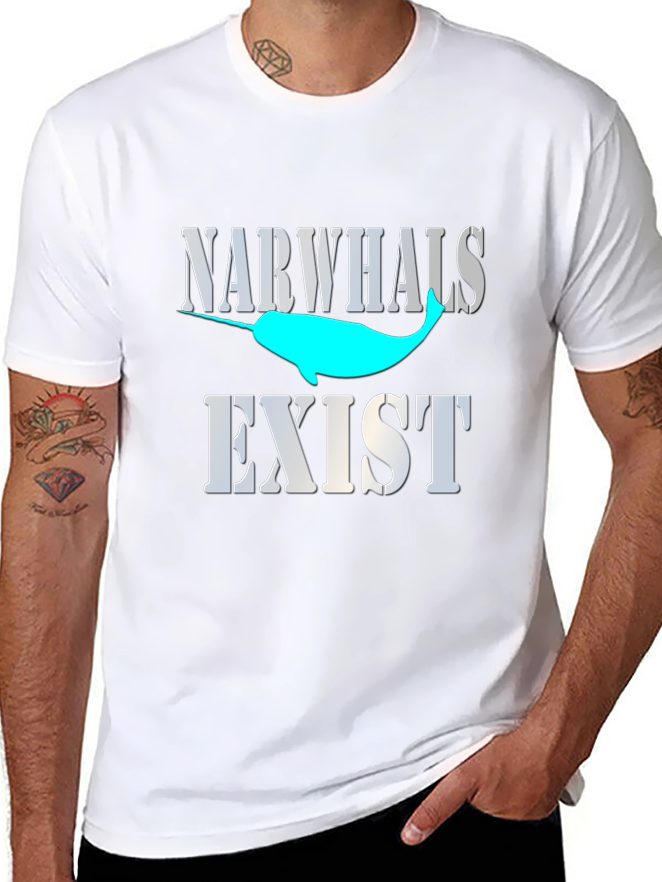 Narwhals Exist Graphic Print Black T-Shirt