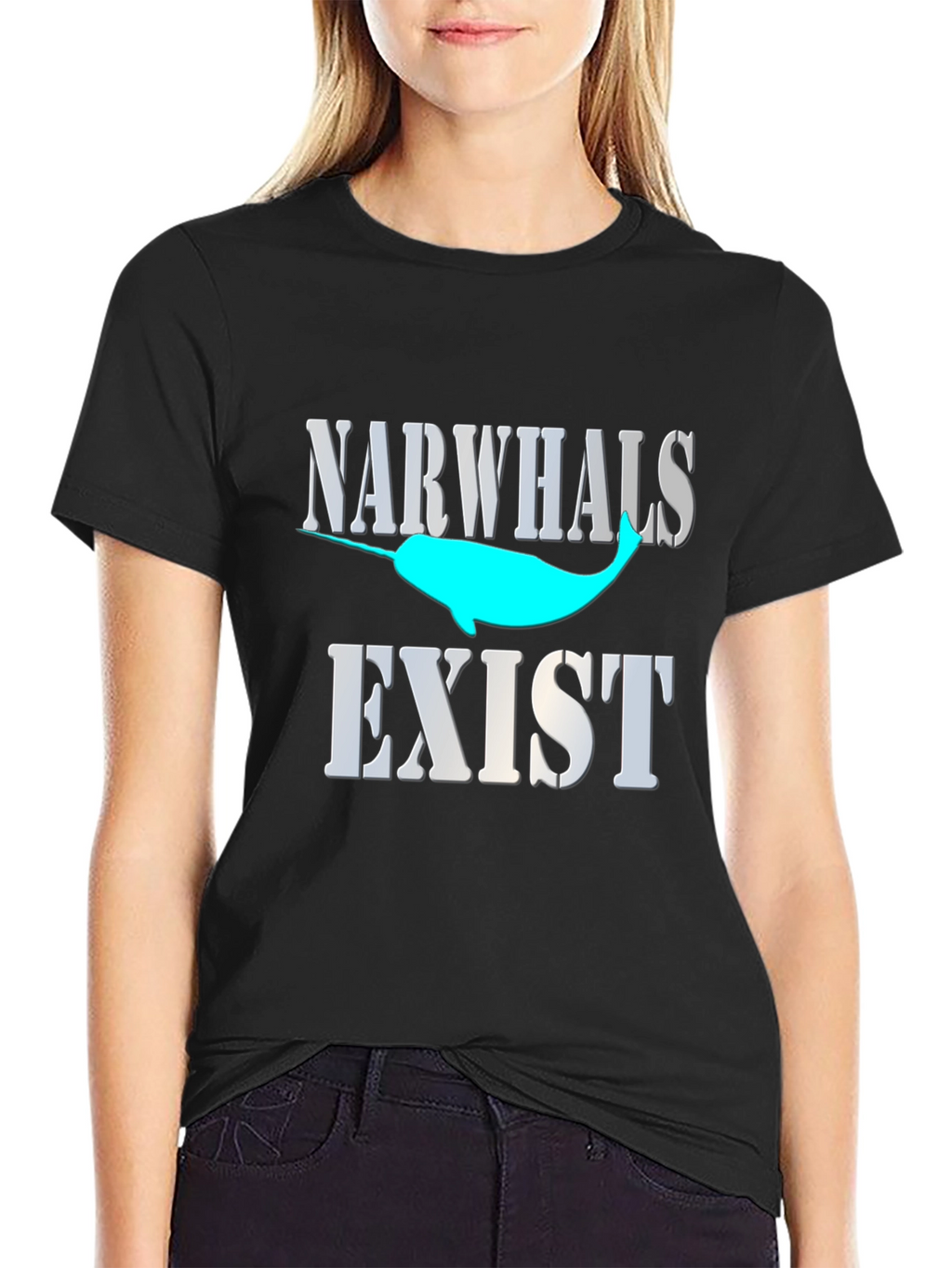 Narwhals Exist Graphic Print Black T-Shirt