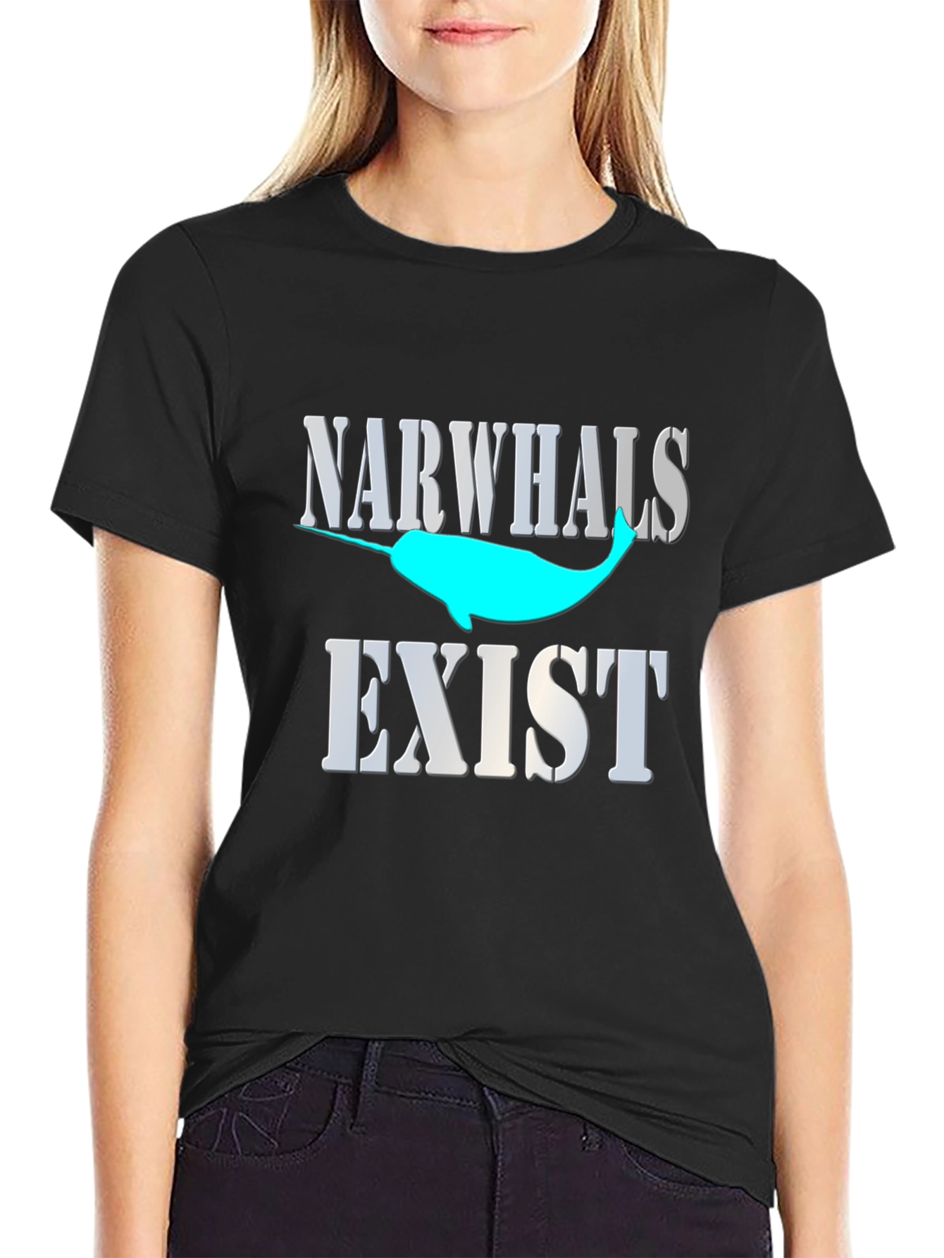 Narwhals Exist Graphic Print Black T-Shirt