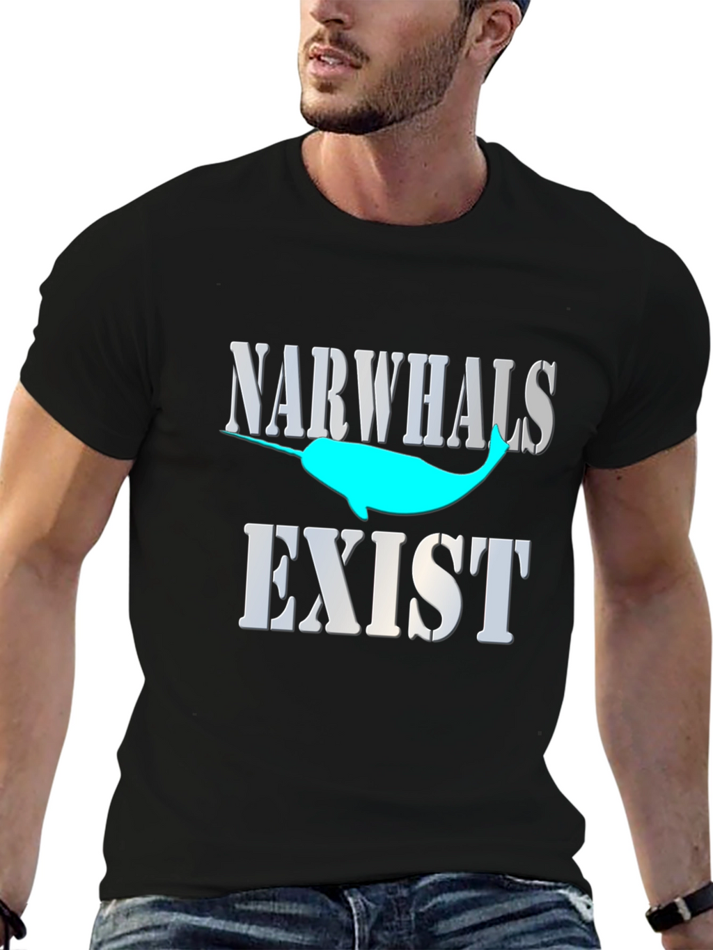 Narwhals Exist Graphic Print Black T-Shirt