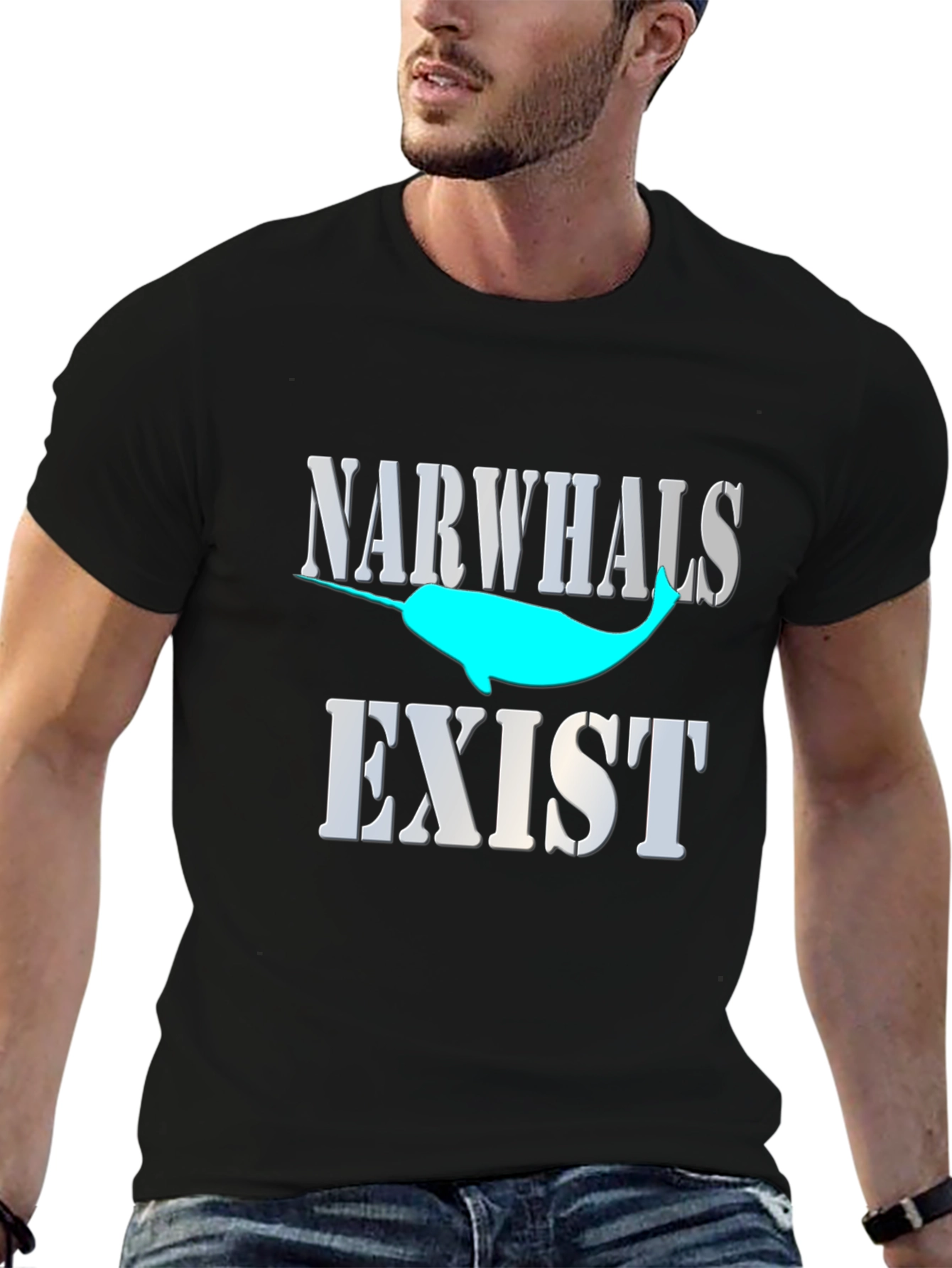 Narwhals Exist Graphic Print Black T-Shirt