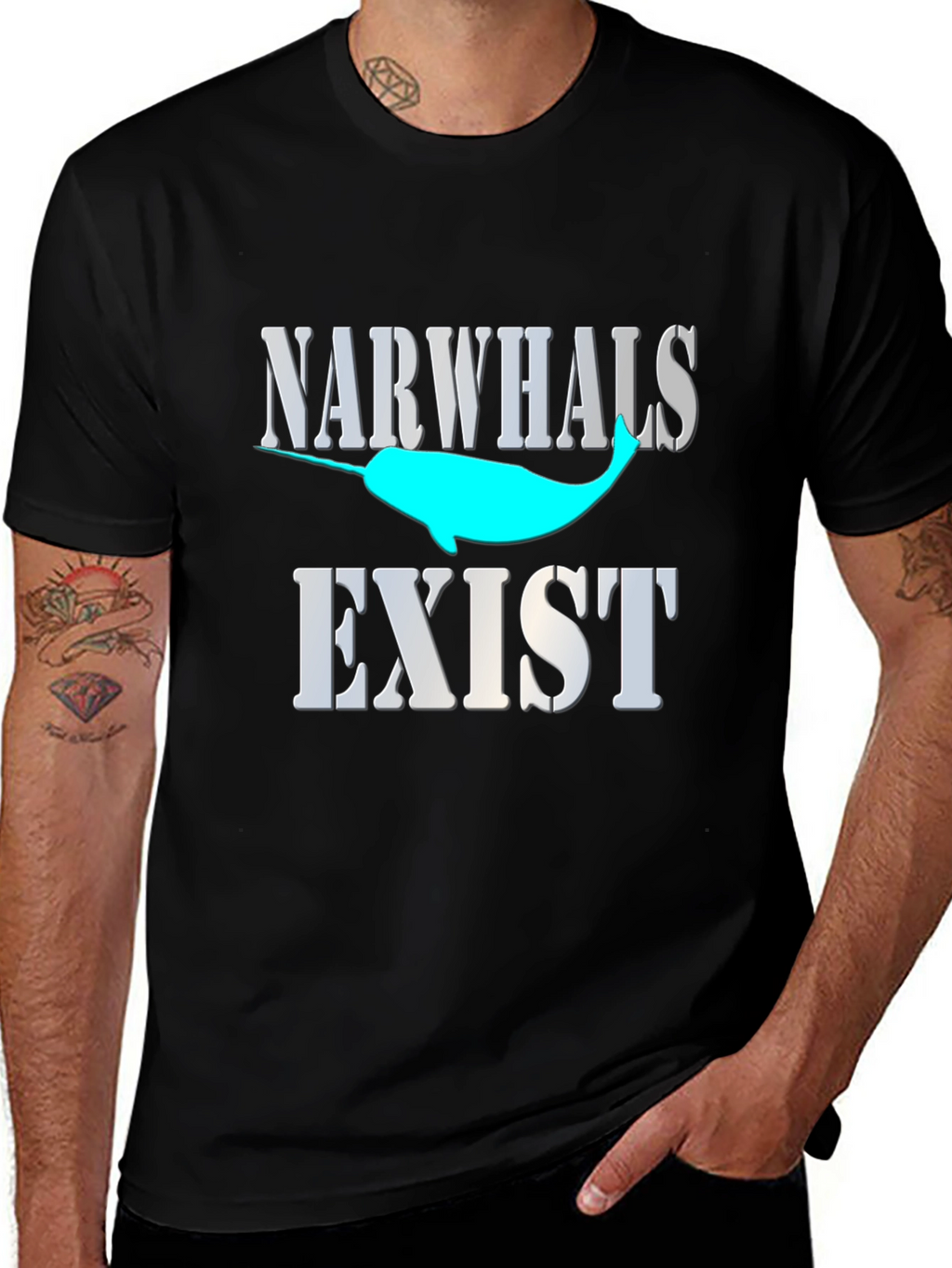 Narwhals Exist Graphic Print Black T-Shirt