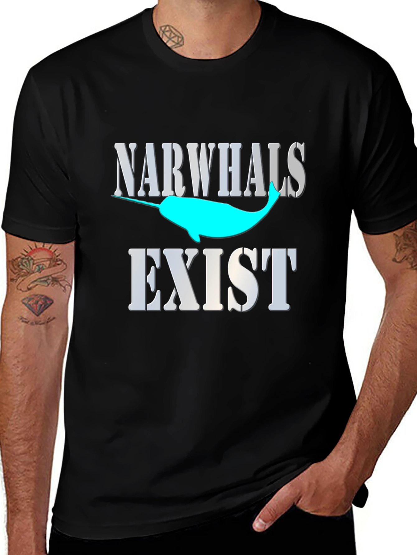 Narwhals Exist Graphic Print Black T-Shirt