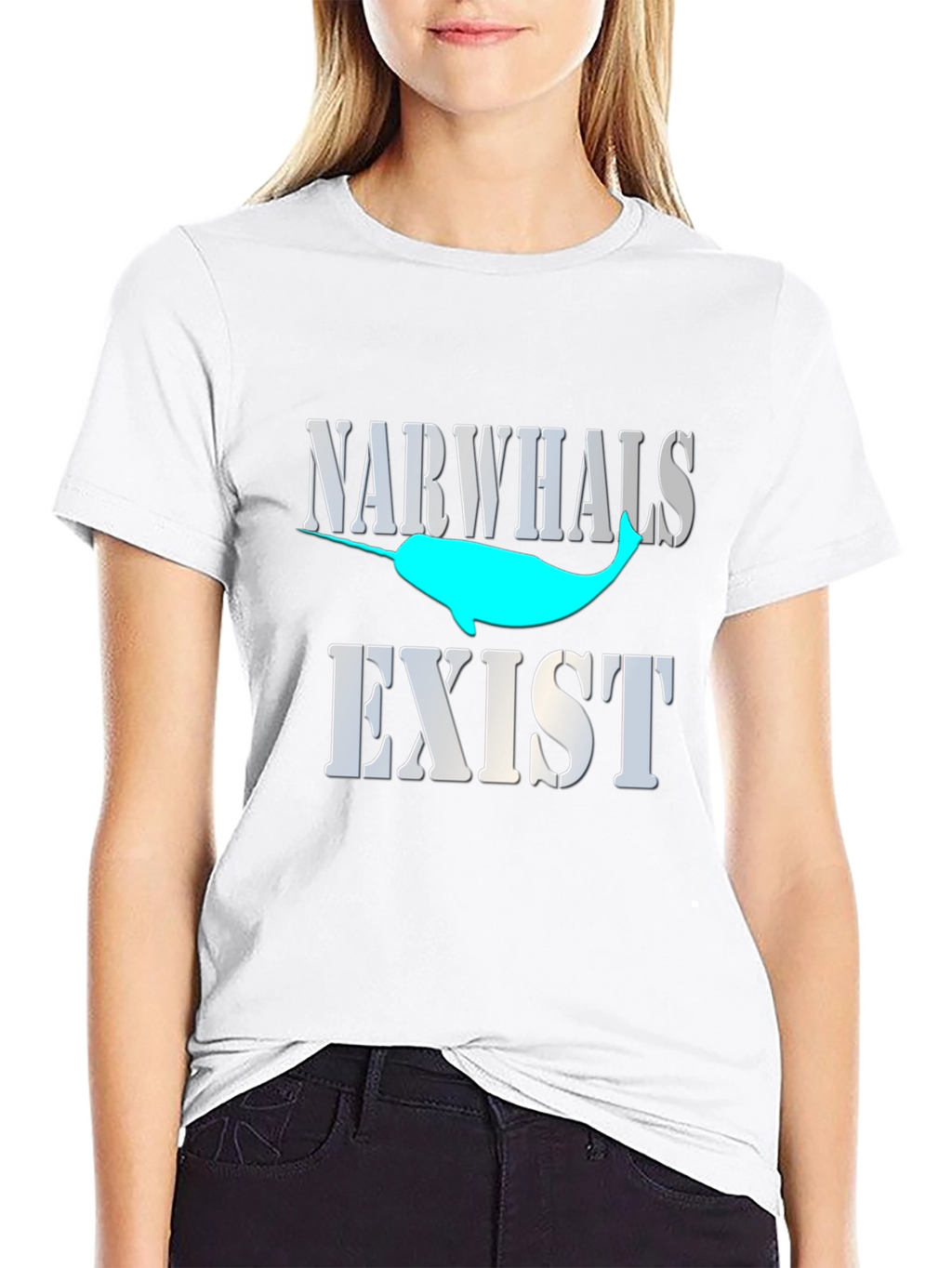 Narwhals Exist Graphic Print Black T-Shirt