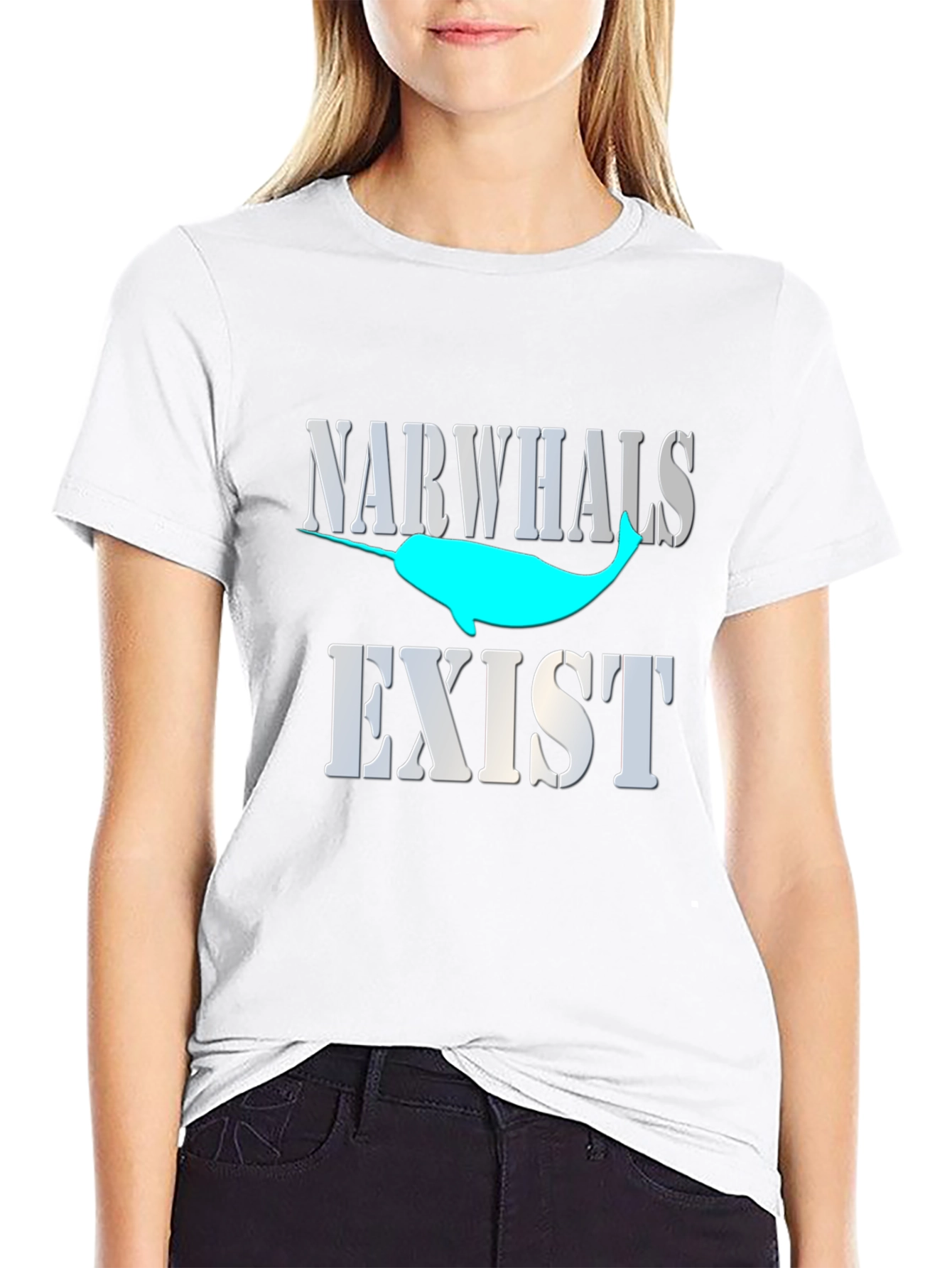 Narwhals Exist Graphic Print Black T-Shirt