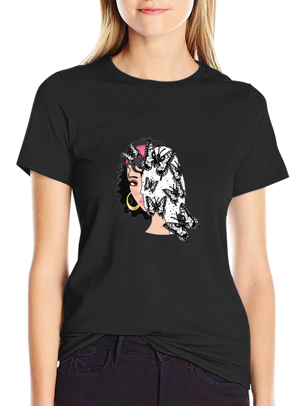 Butterfly Girl Graphic Black T-Shirt