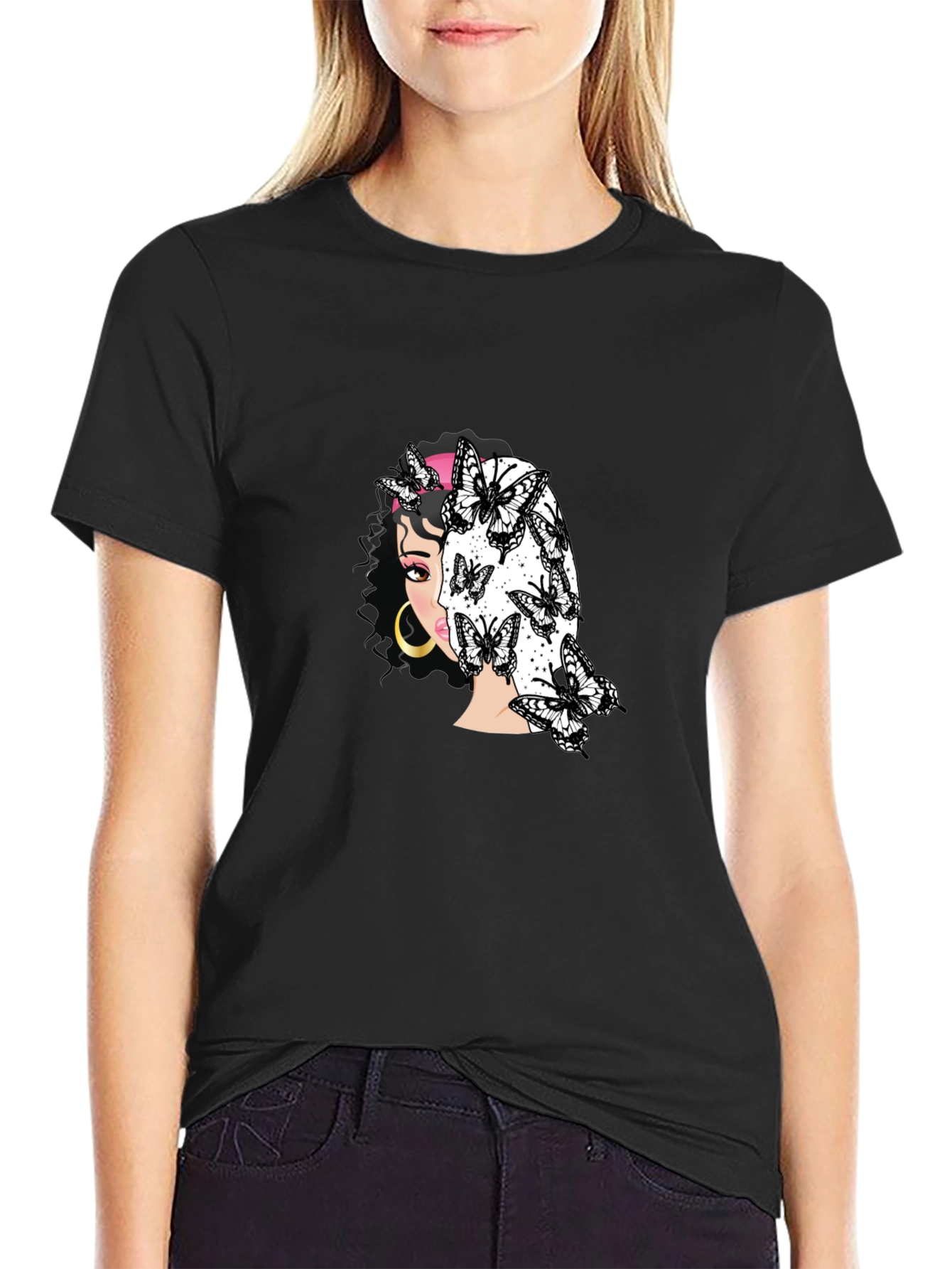 Butterfly Girl Graphic Black T-Shirt