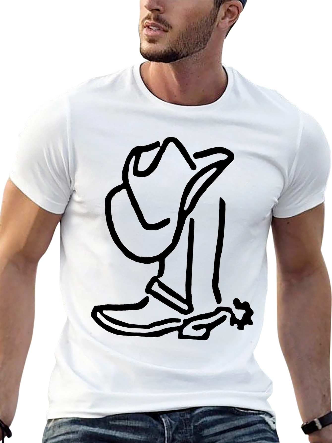Cool Cowboy Boot & Hat Outline Graphic T-Shirt
